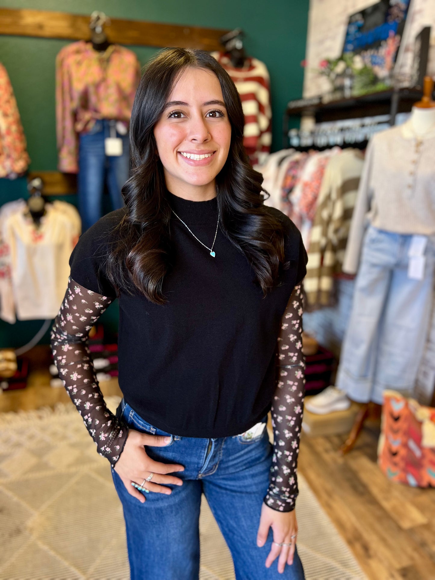 Black & Pink Floral Lace Top