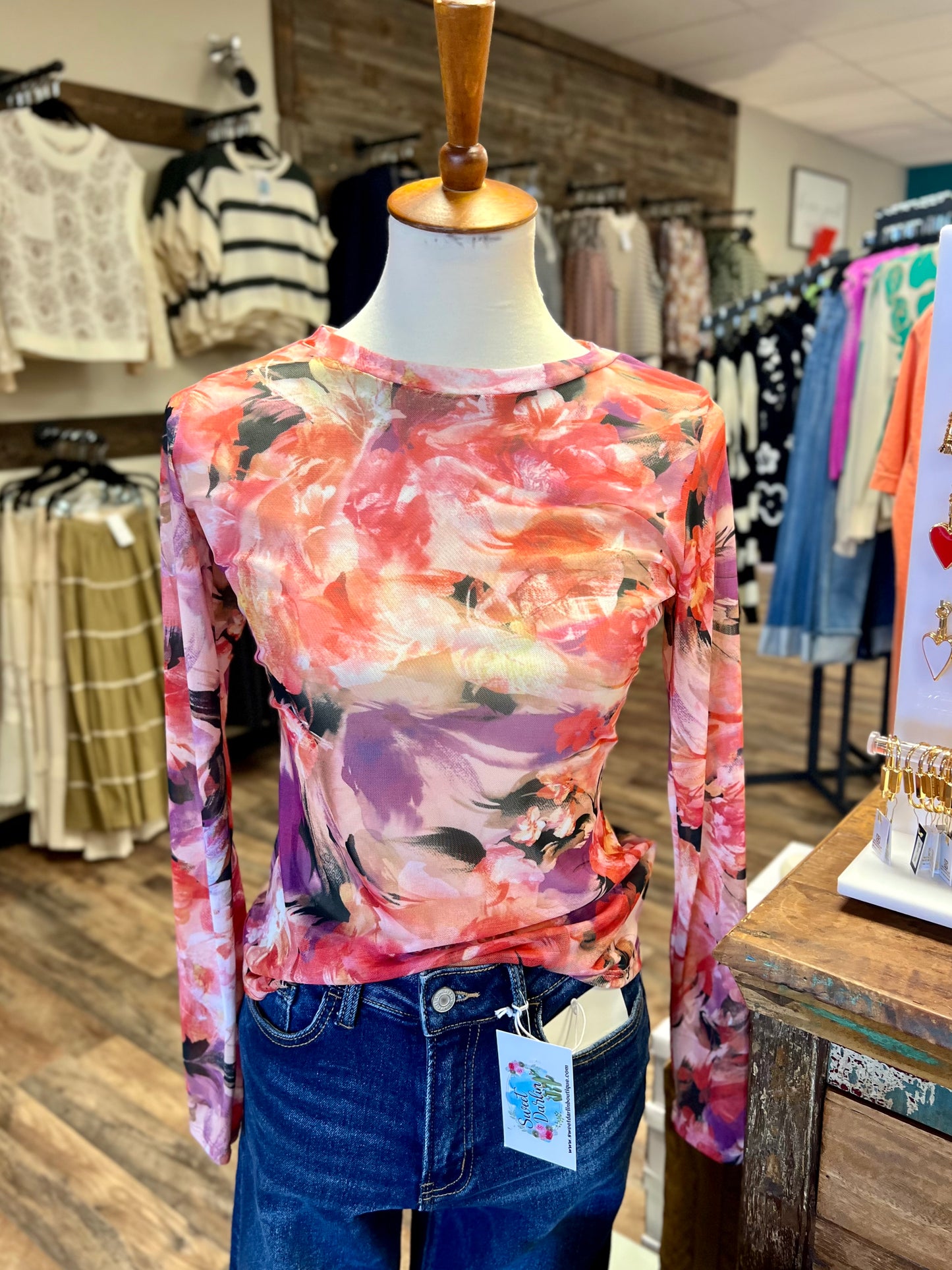 Coral Floral Mesh Top