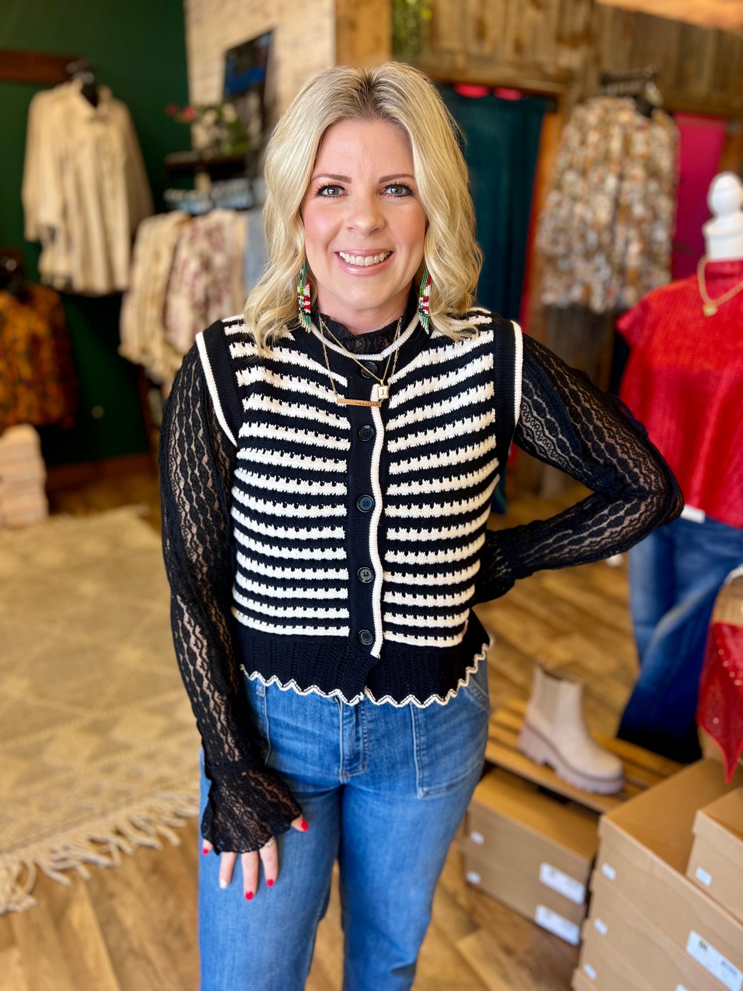 Striped Knit Button Up Vest