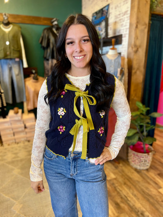 Navy Embroidered Tie Sweater Vest