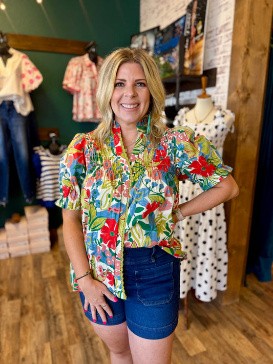 Floral Smocked Button Up