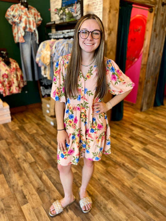 Apricot Floral Print Dress