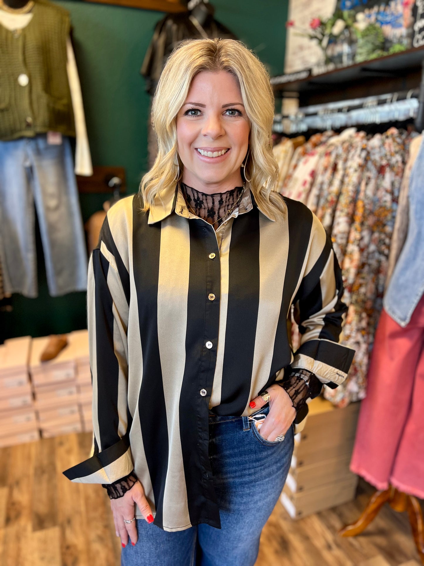 Taupe & Black Satin Button Up