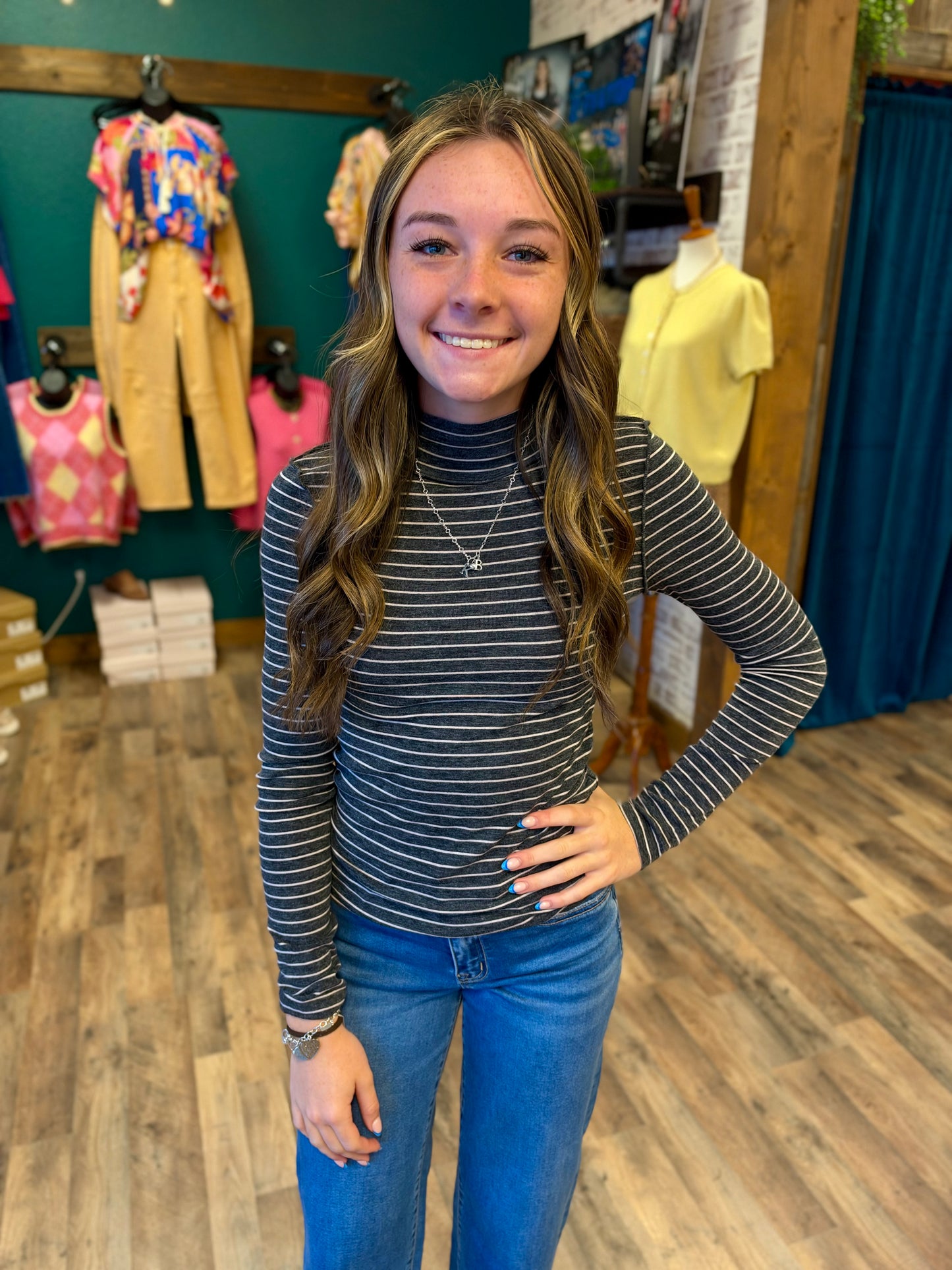 Thin Stripe Mock Neck Top