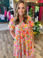 Bright Floral Bubble Sleeve Dress