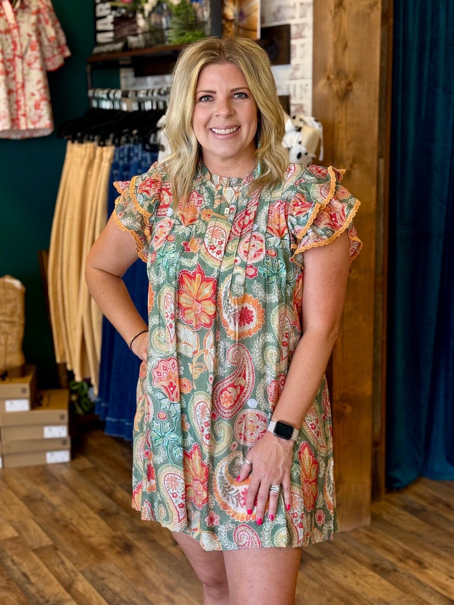 Ruffle Sleeve Paisley Print Dress