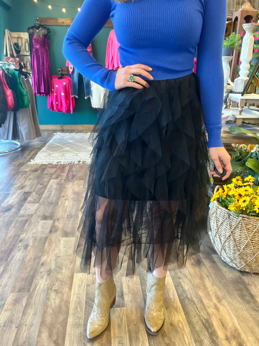 Ruffled Tulle Midi Skirt