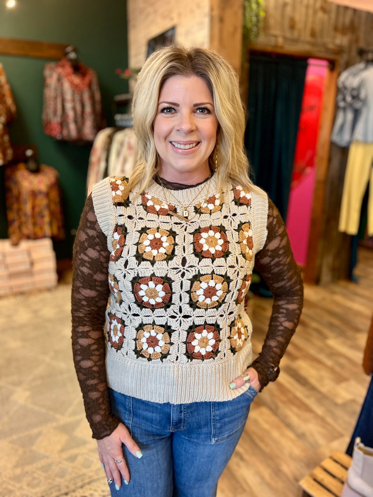Rust & Mustard Floral Crochet Sweater Vest