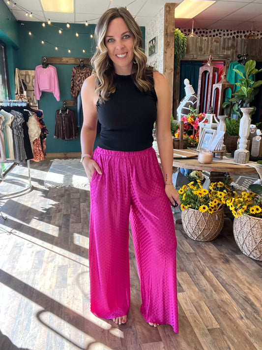 Pink Textured Elastic Waist Pant