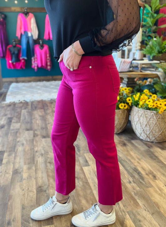 Sneak Peak Magenta High Rise Raw Hem Straight Jean