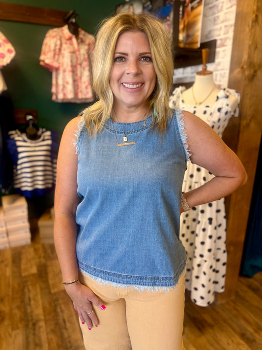 Light Denim Sleeveless Fringe Top