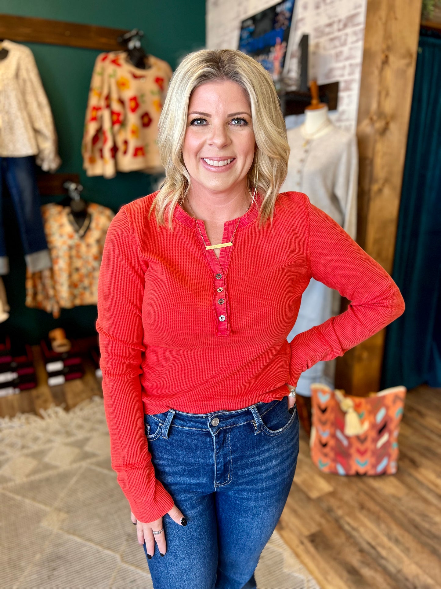 Waffle Knit Button Up Top