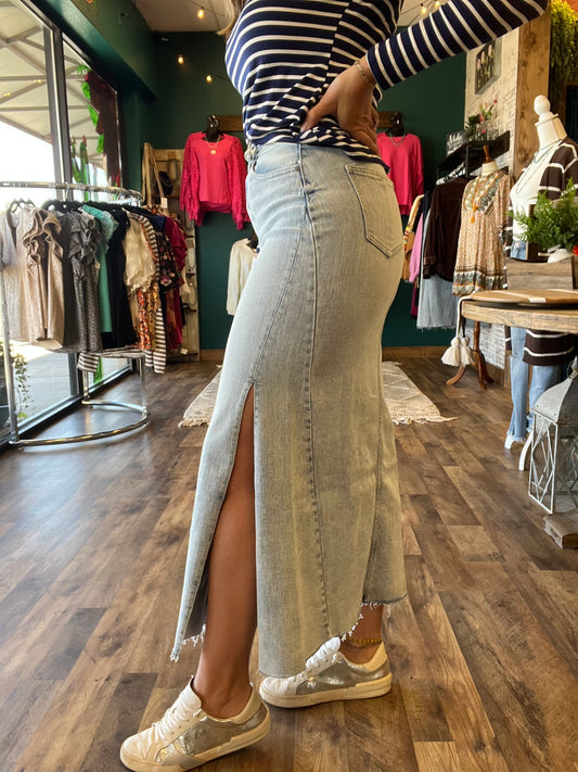 Side Slit Denim Maxi Skirt