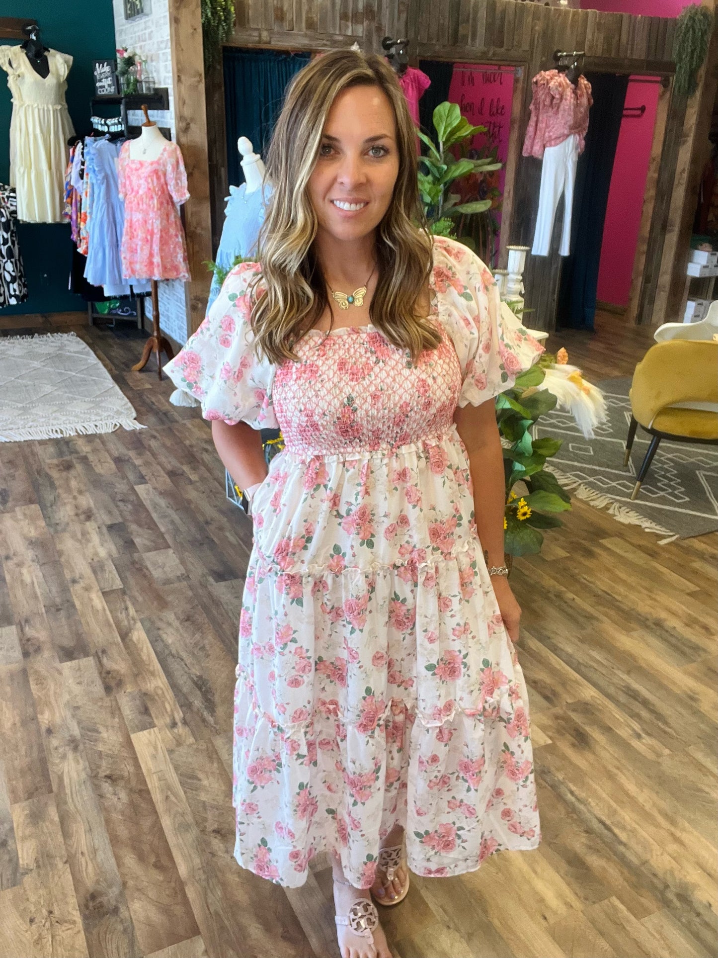 Pink Floral Smocked Midi Dress