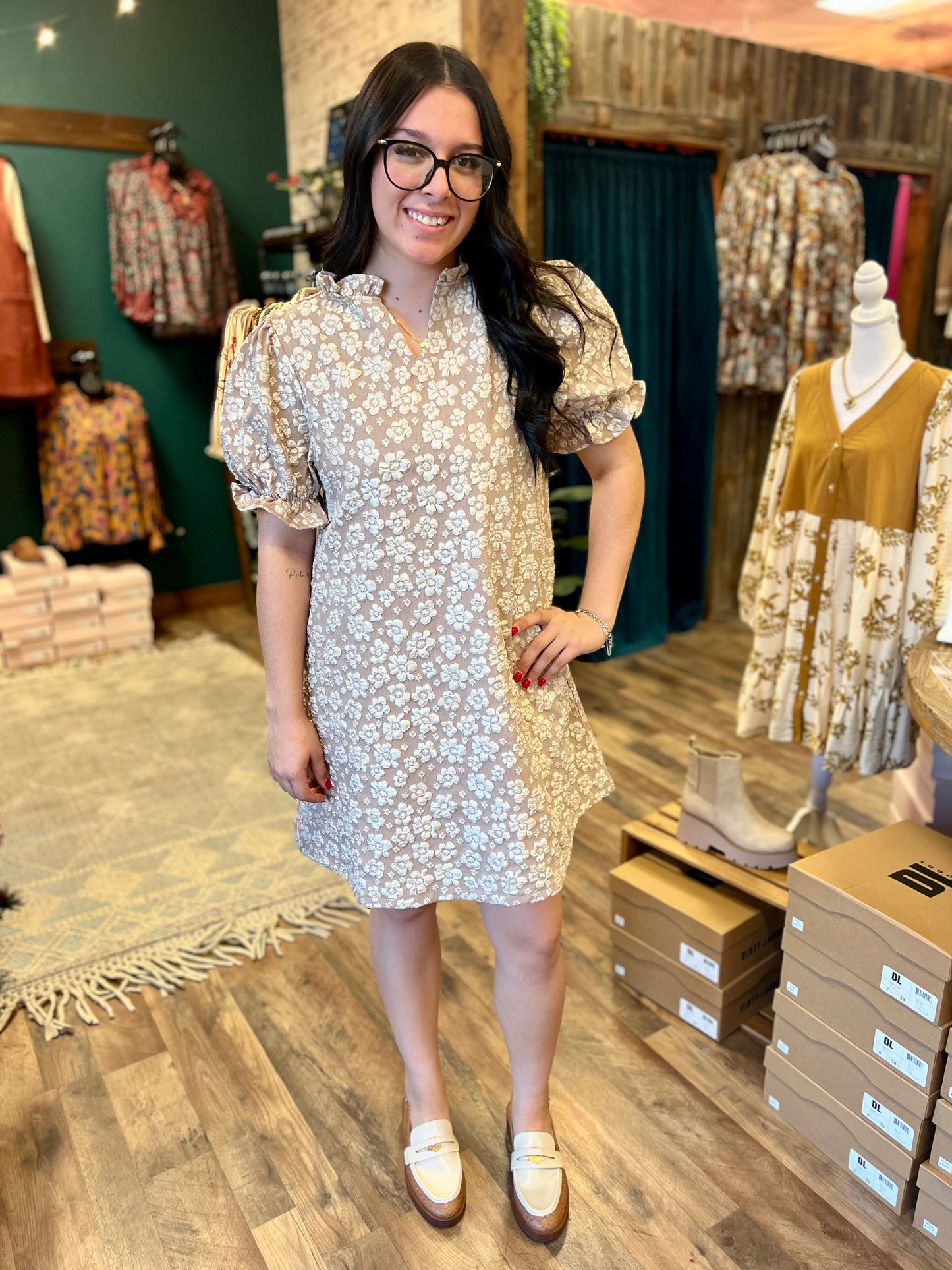 Taupe Floral Jacquard Dress