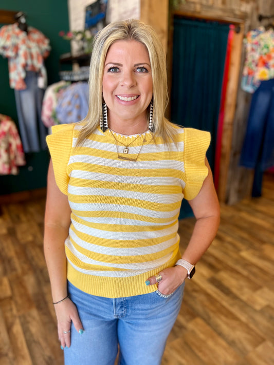 Blanket Stitch Striped Ruffle Sleeve Sweater