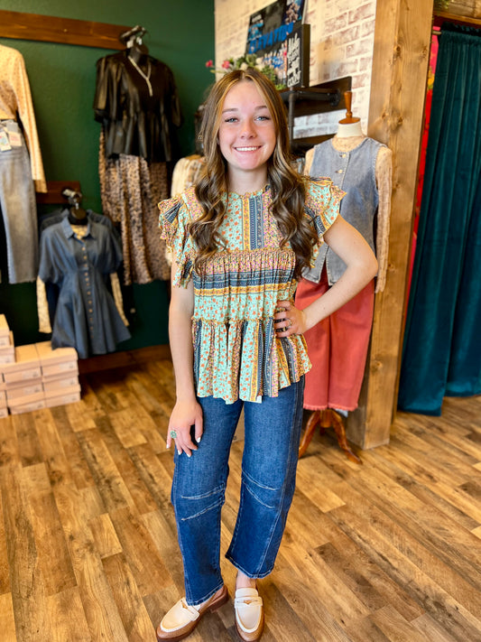 Floral Double Wing Sleeve Tiered Top