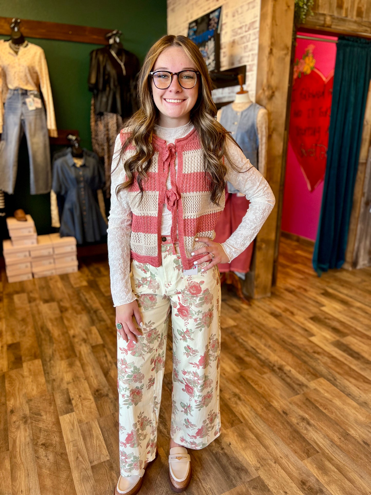 Coral & Ivory Striped Knit Tie Vest