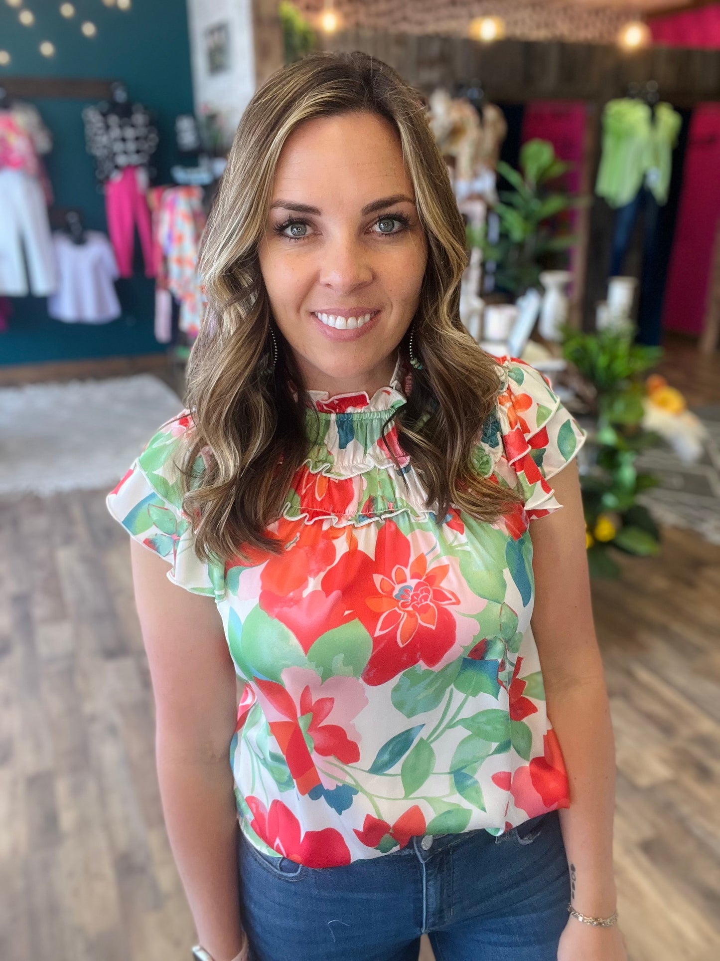 Silky Pink Floral Ruffle Top