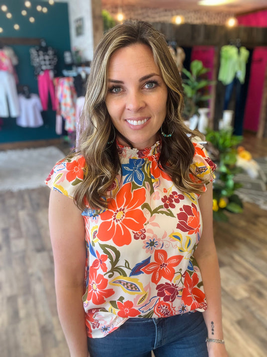 Coral Floral High Neck Top