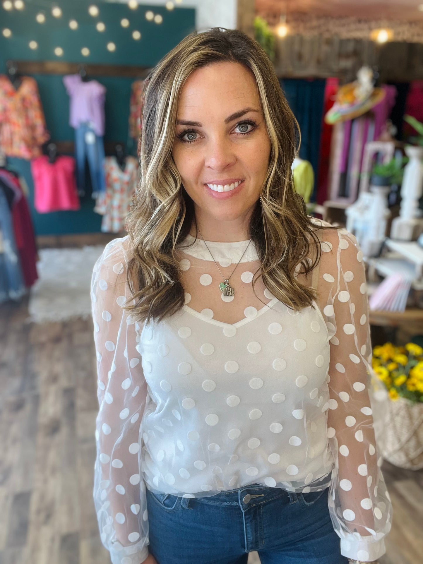 White Sheer Polka Dot Top