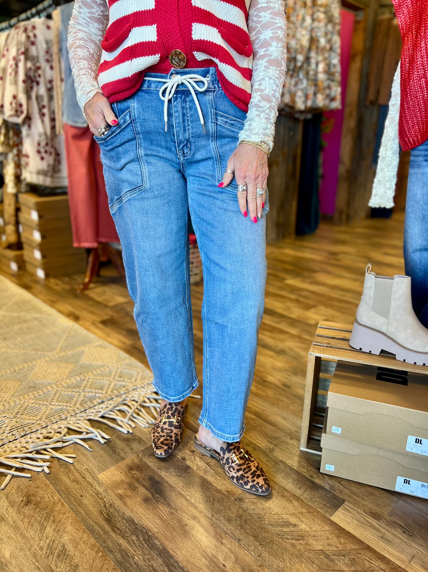 Vervet High Rise Drawstring Wide Band Barrel Jean