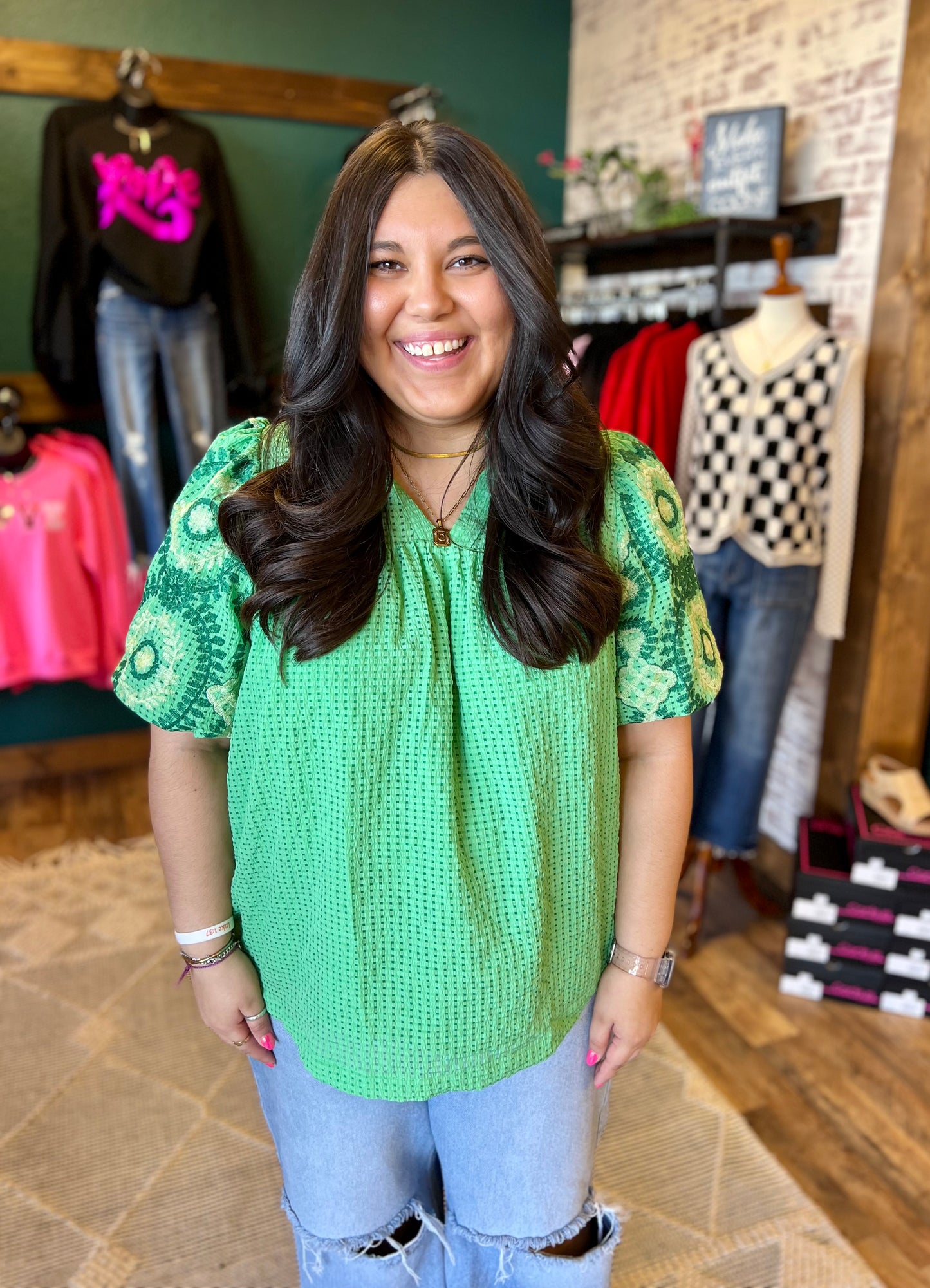 Checkered Embroidered Sleeve Top