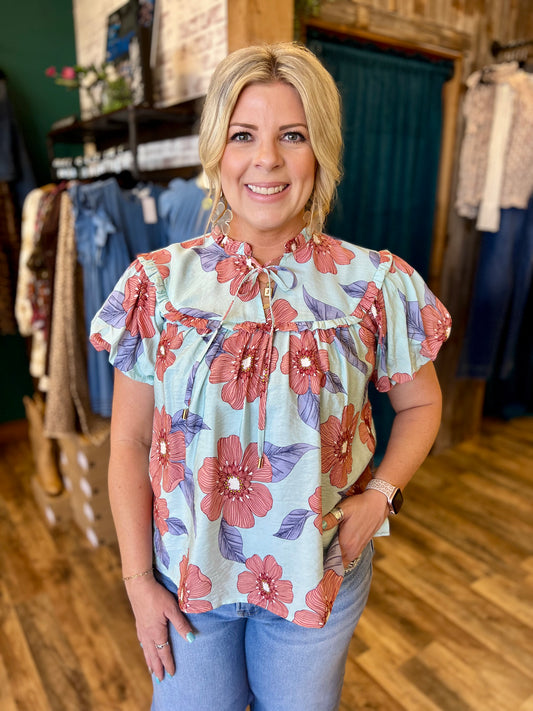 Aqua Mint Floral Blouse