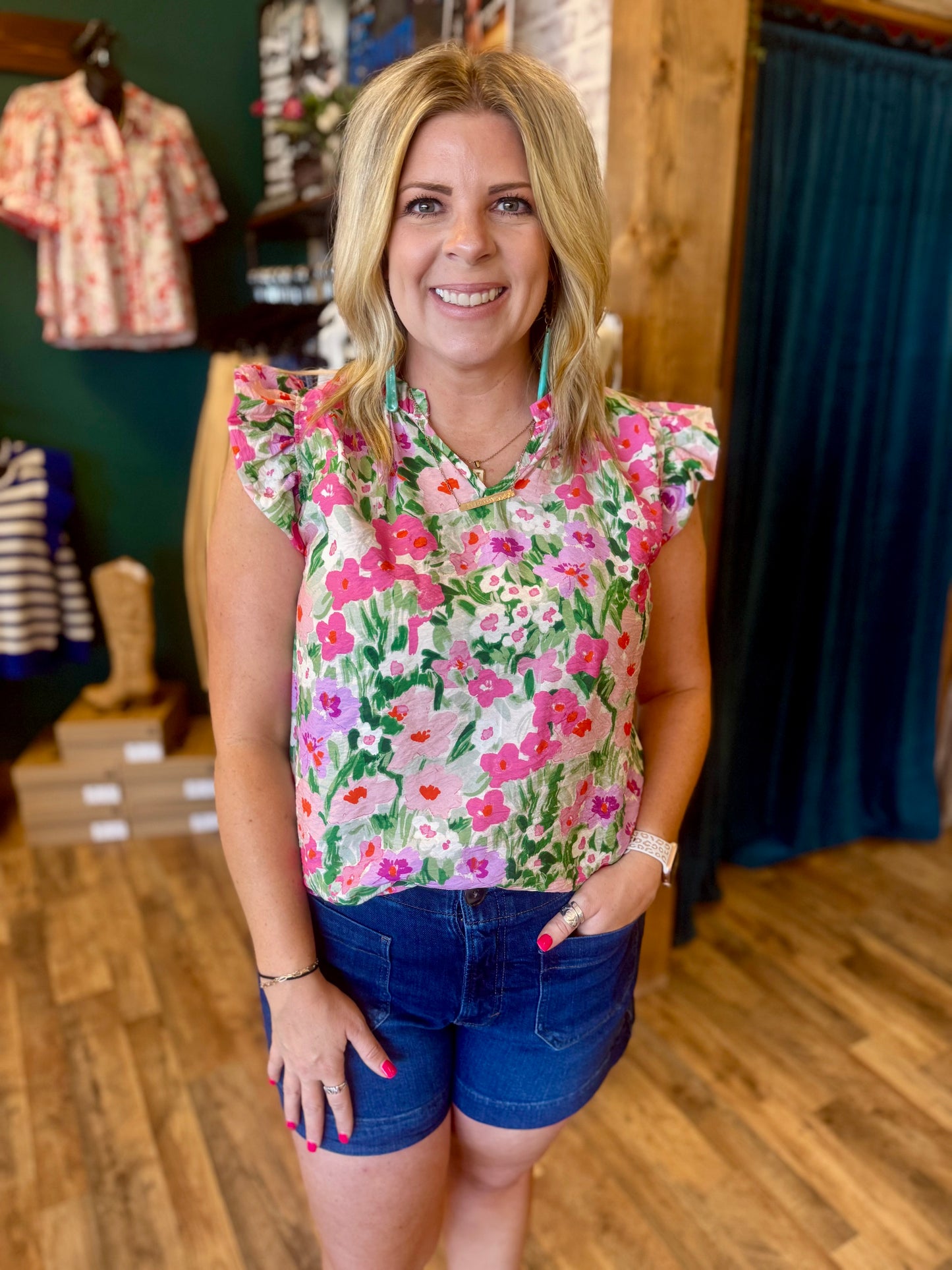 Pink & Green Floral Ruffle Top