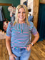 Pink & Teal Split Neck Stripe Top