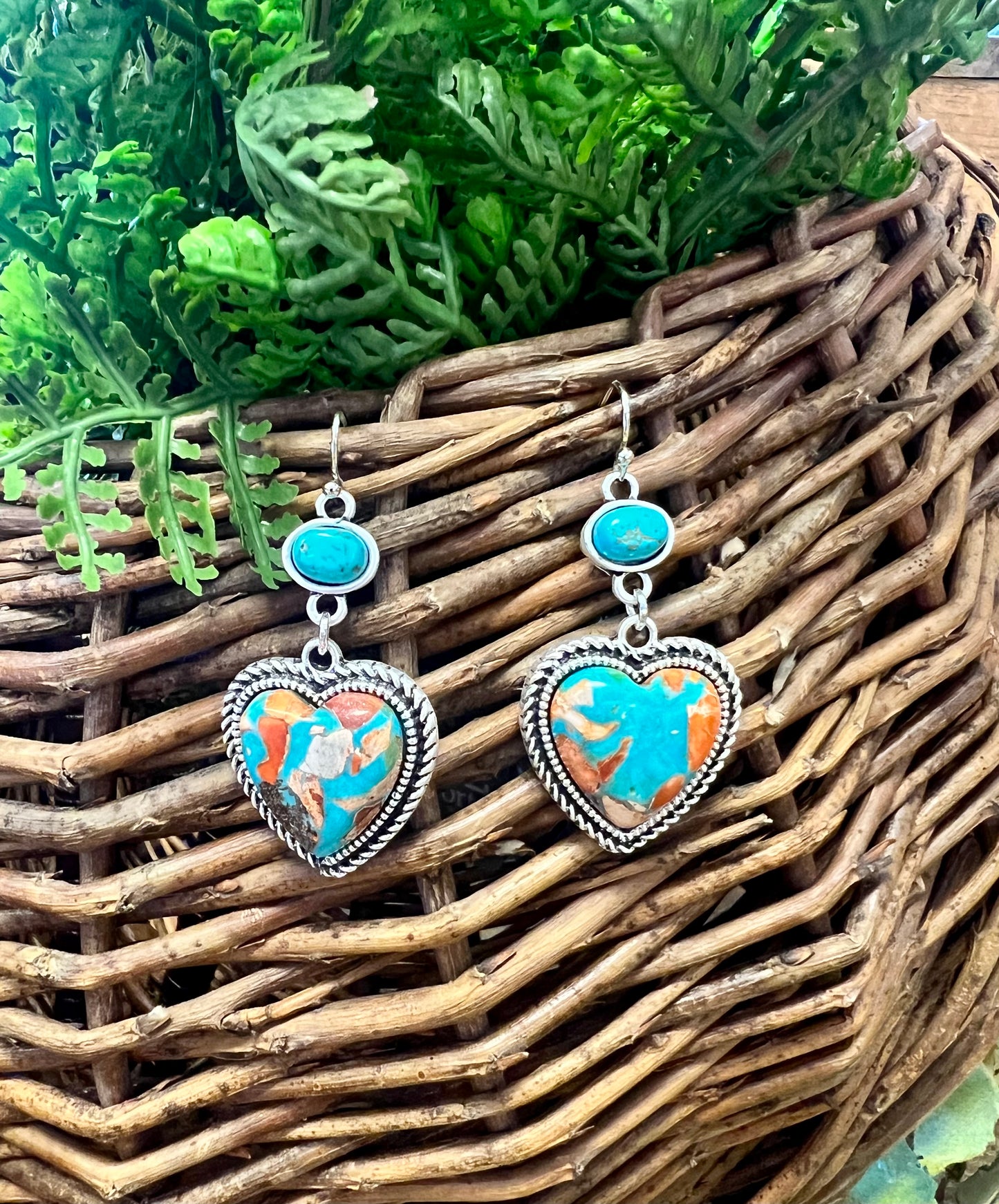 Turq & Orangr Heart Drop Earrings