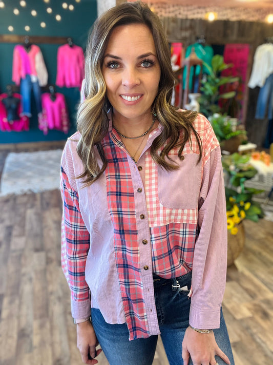 Pink Plaid Uneven Hem Button Up