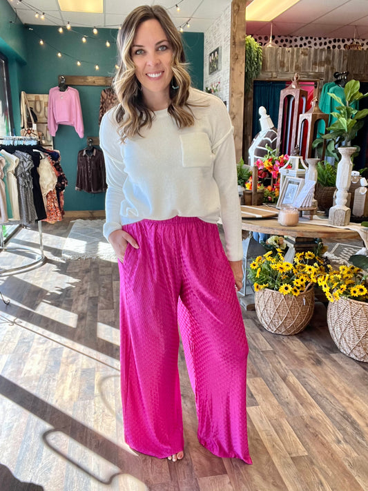 Pink Textured Elastic Waist Pant