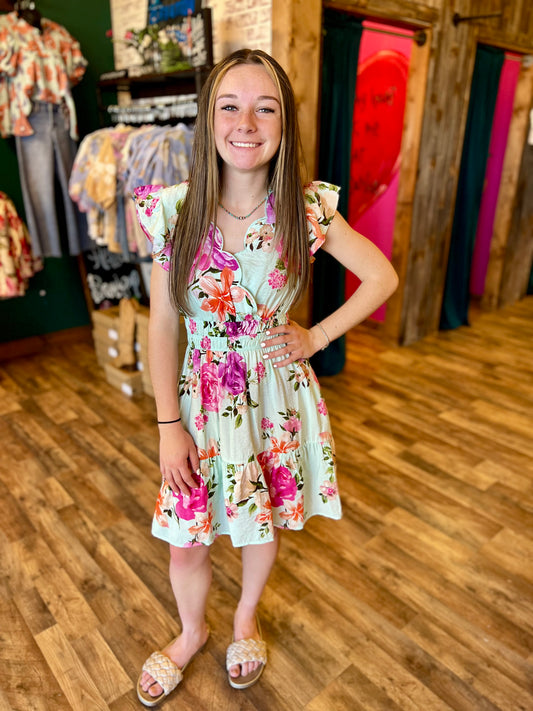 Mint Scalloped Floral Dress