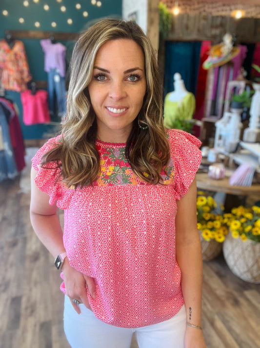 Pink Geometric Embroidered Top