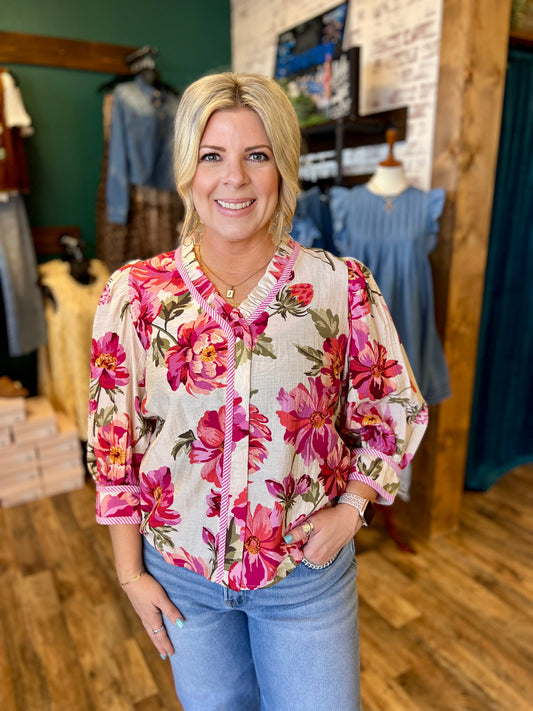 Floral Woven Vneck Blouse