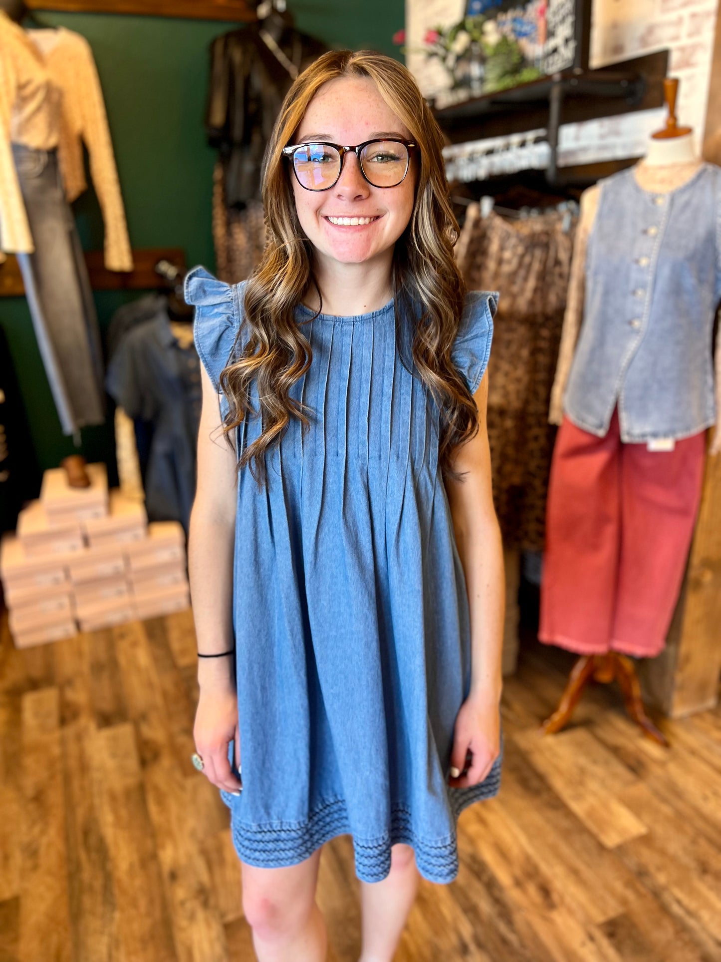 Sleeveless Pleated Denim Dress
