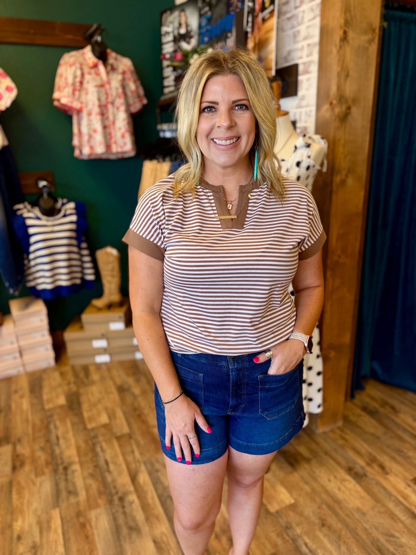 Split Neck Color Trimmed Stripe Top