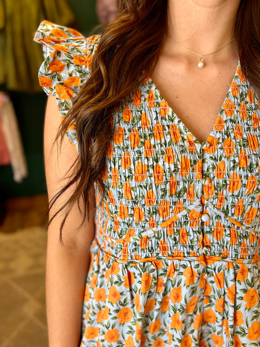 Orange Floral Ruched Button Up Dress