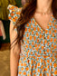Orange Floral Ruched Button Up Dress