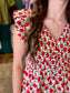 Red Floral Ruched Button Up Dress
