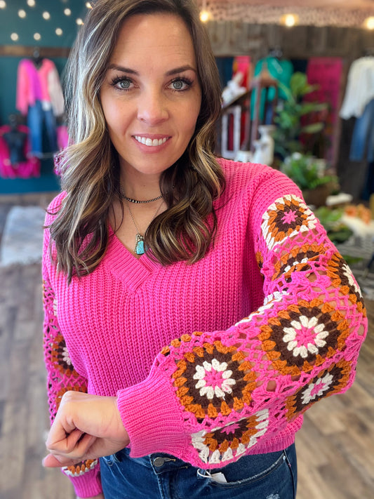 Pink Crochet Detail VNeck Sweater