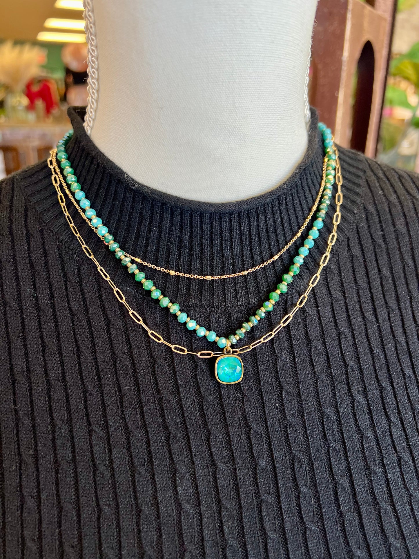 Mint Triple Strand Necklace