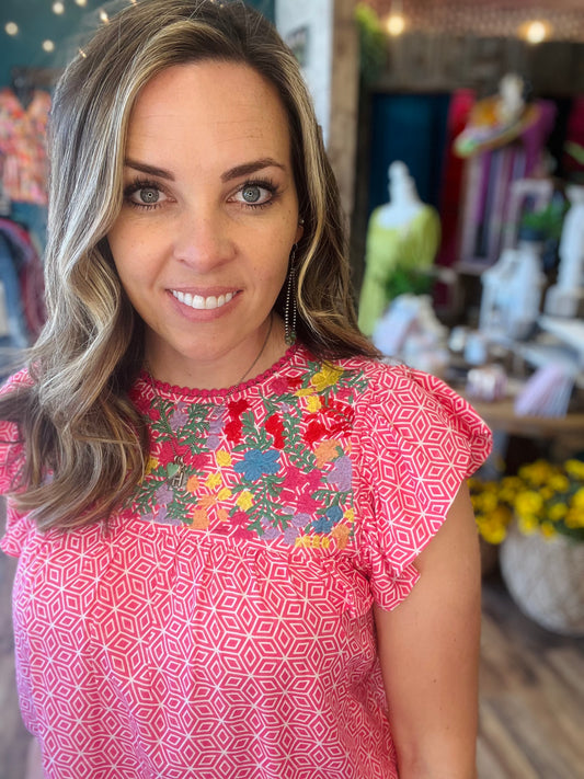 Pink Geometric Embroidered Top