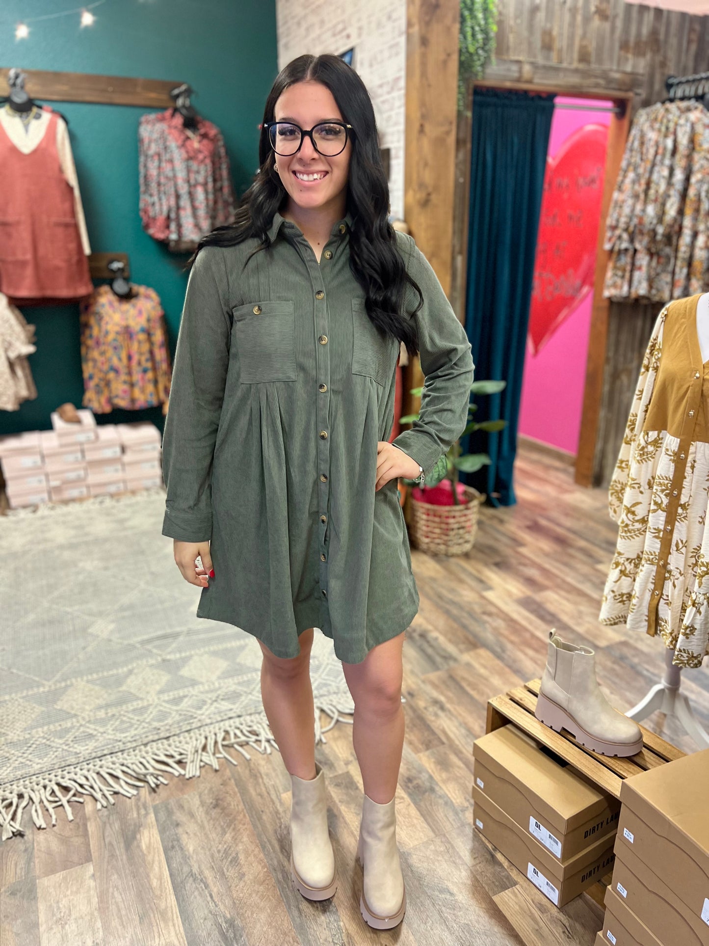 Pleated Corduroy Dress