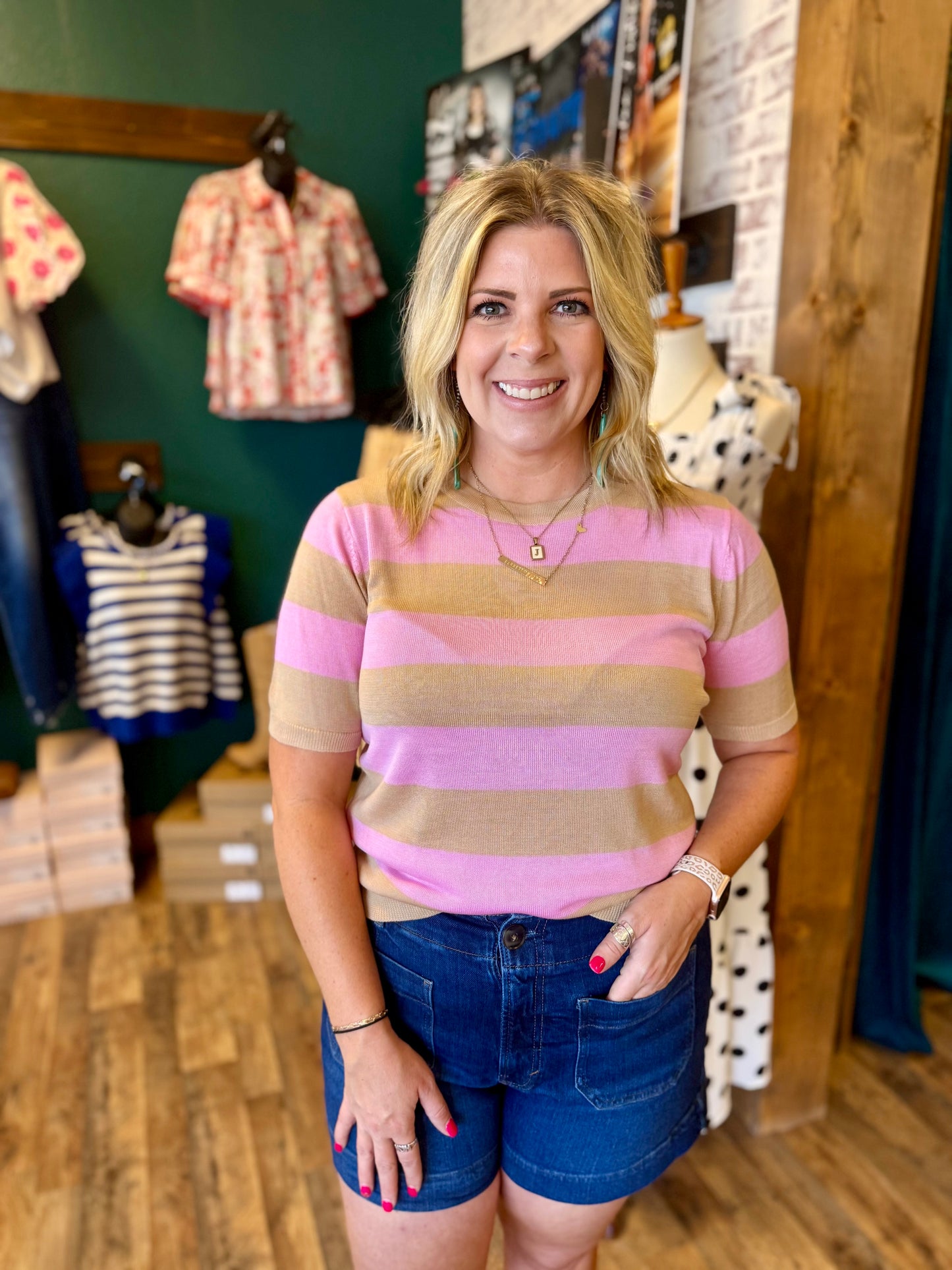 Taupe & Pink Light Weight Sweater Top