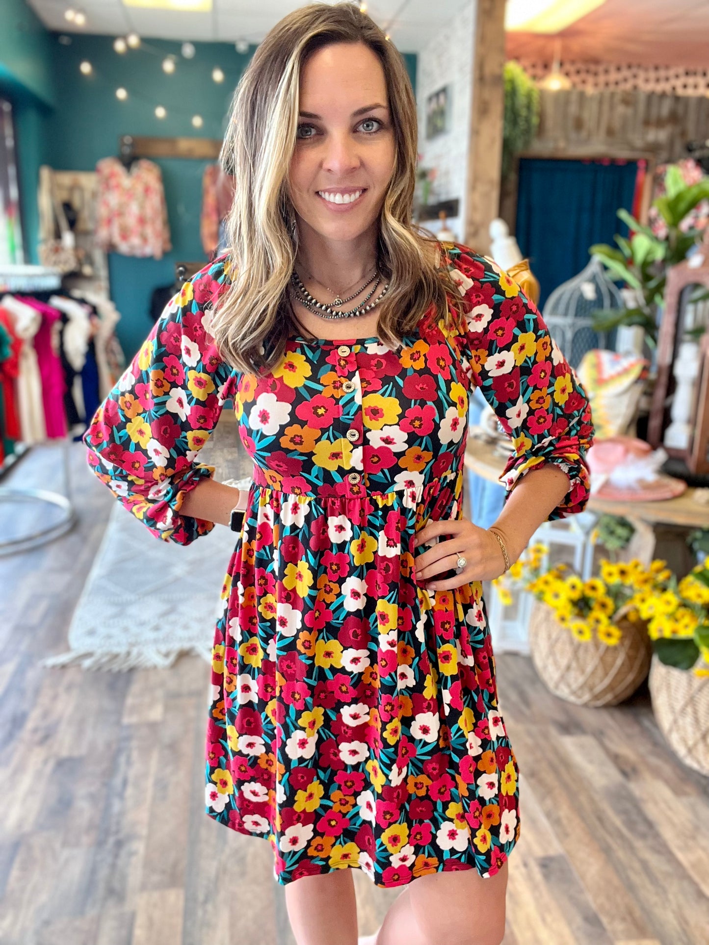 Faux Button Floral Dress