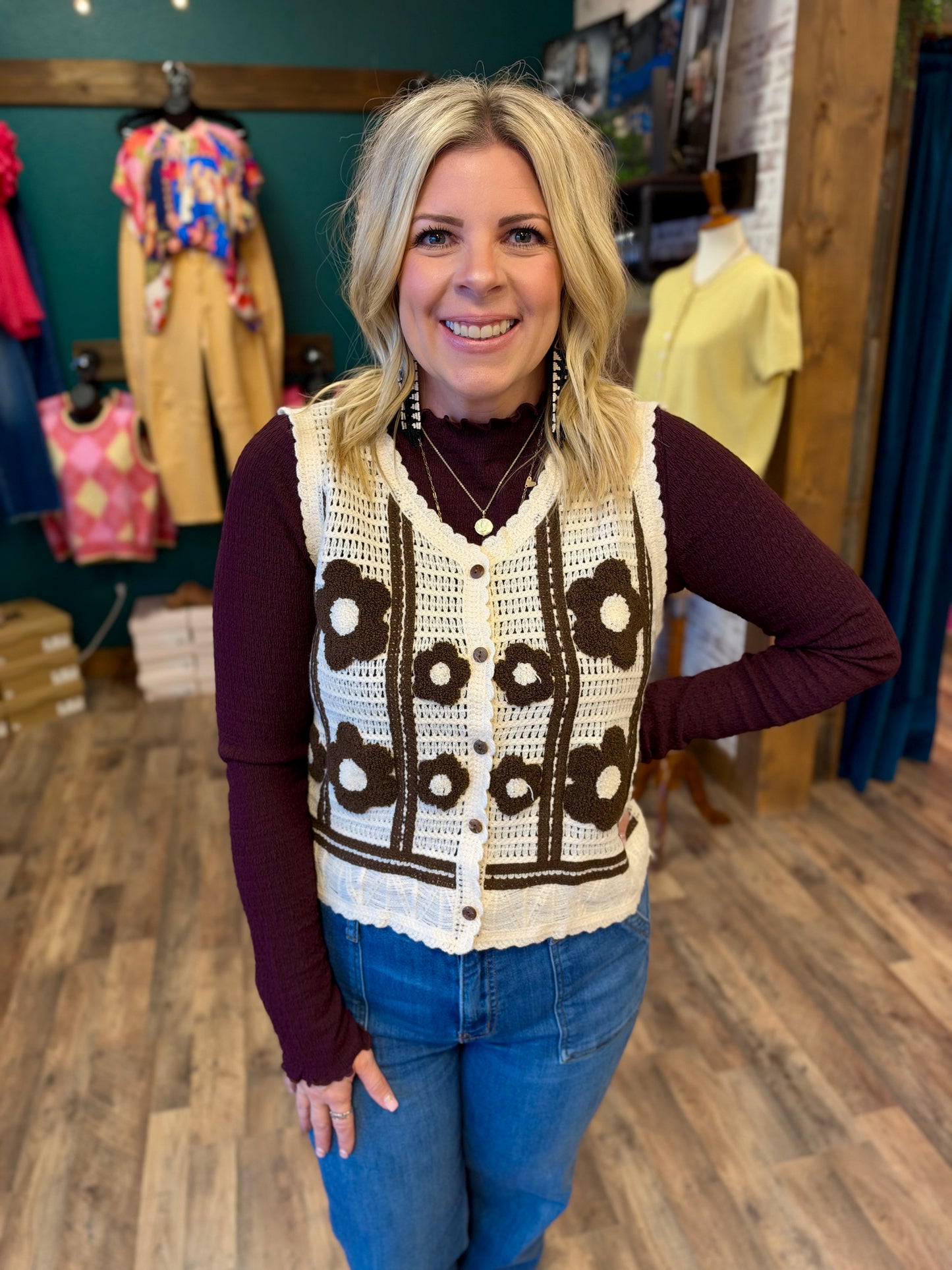 Chocolate Floral Crochet Vest