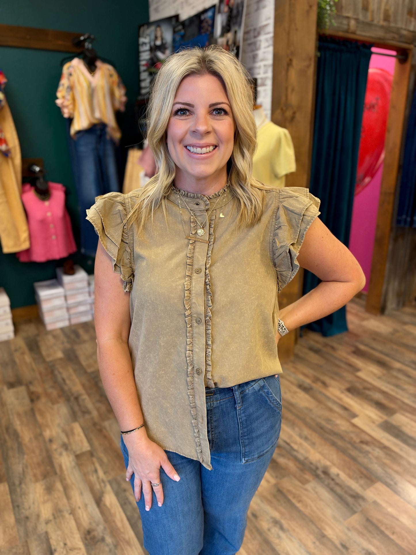 Cocoa Ruffle Trim Button Up Blouse