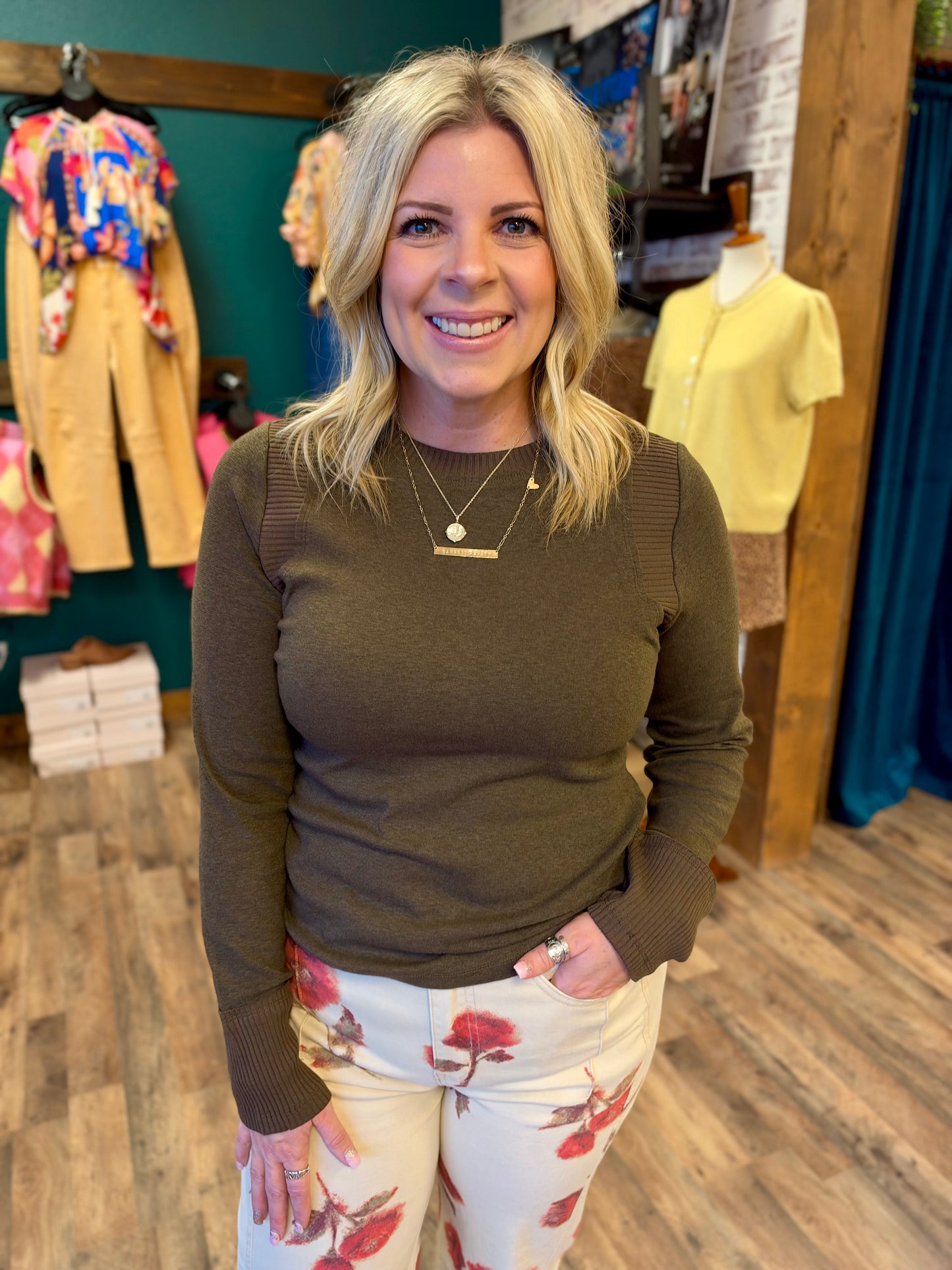Mixed Fabric Long Sleeve Raw Hem Top